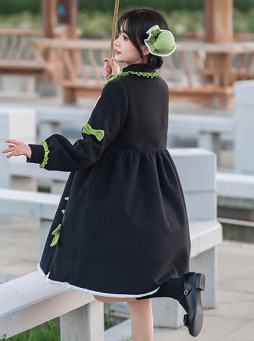 Chinese Style Stand Collar Green Lace Bow-Knot Decoration Age Reduction Winter Warm Classic Lolita Long-Sleeved Coat