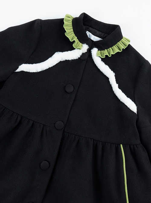 Chinese Style Stand Collar Green Lace Bow-Knot Decoration Age Reduction Winter Warm Classic Lolita Long-Sleeved Coat