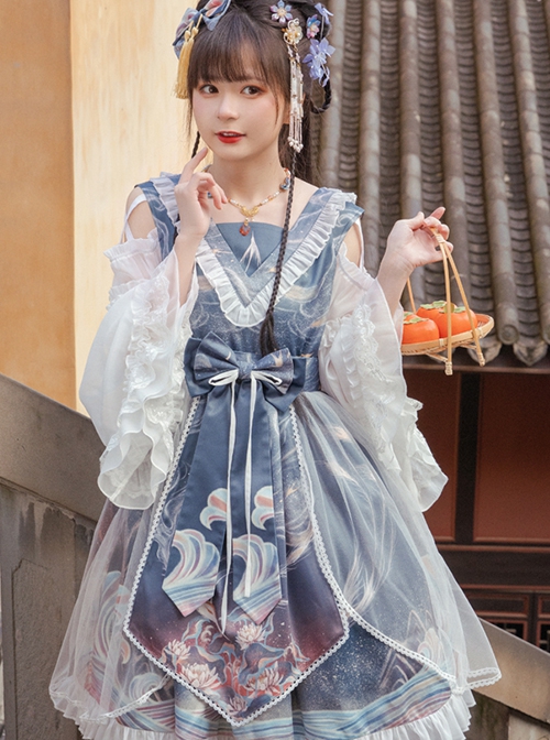 Chinese Style Daily Hollow Out Trumpet Sleeve Printed Lace Ruffle Hem Classic Lolita Long-Sleeved Dress