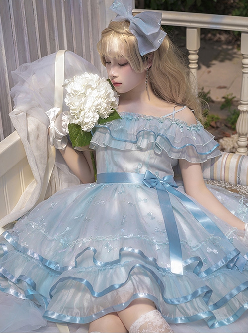 Daughter Of The Sea Series Light Blue Sling One-Shoulder Dreamy Fine Glitter Butterfly Embroidery Classic Lolita Sleeveless Dress