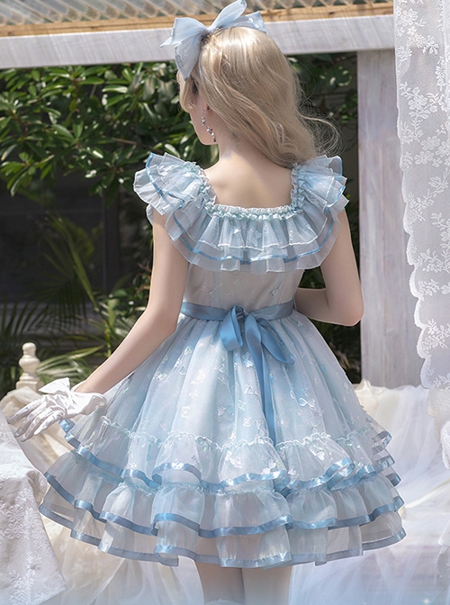 Daughter Of The Sea Series Light Blue Sling One-Shoulder Dreamy Fine Glitter Butterfly Embroidery Classic Lolita Sleeveless Dress