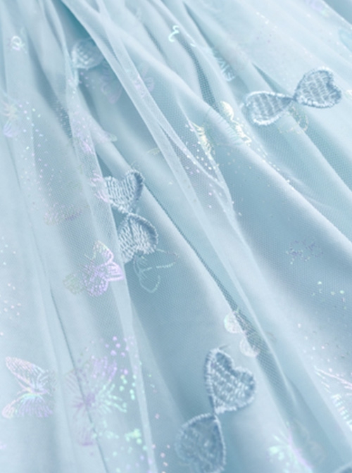 Daughter Of The Sea Series Light Blue Sling One-Shoulder Dreamy Fine Glitter Butterfly Embroidery Classic Lolita Sleeveless Dress