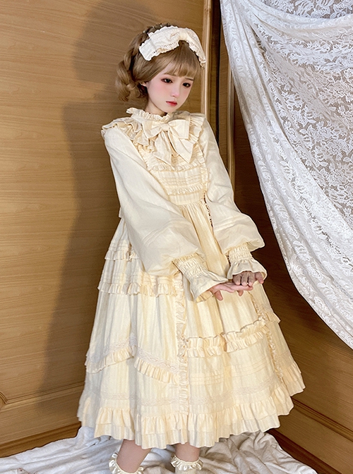 Retro Solid Color Doll Sense Stand Collar Bowknot Lantern Sleeves Spring Autumn Cute Classic Lolita Long-Sleeved Dress