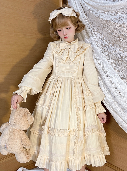 Retro Solid Color Doll Sense Stand Collar Bowknot Lantern Sleeves Spring Autumn Cute Classic Lolita Long-Sleeved Dress