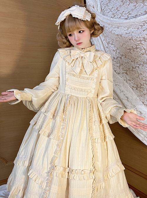 Retro Solid Color Doll Sense Stand Collar Bowknot Lantern Sleeves Spring Autumn Cute Classic Lolita Long-Sleeved Dress