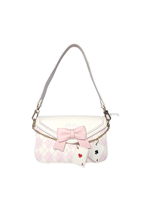 Sweet Lovely Rhombus Print Embroidery Bowknot Metal Chain Playing Card Pendant Classic Lolita Shoulder Crossbody Small Square Bag