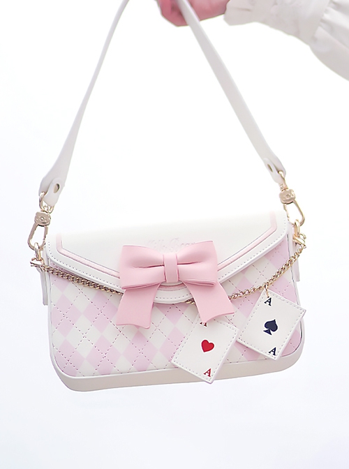 Sweet Lovely Rhombus Print Embroidery Bowknot Metal Chain Playing Card Pendant Classic Lolita Shoulder Crossbody Small Square Bag