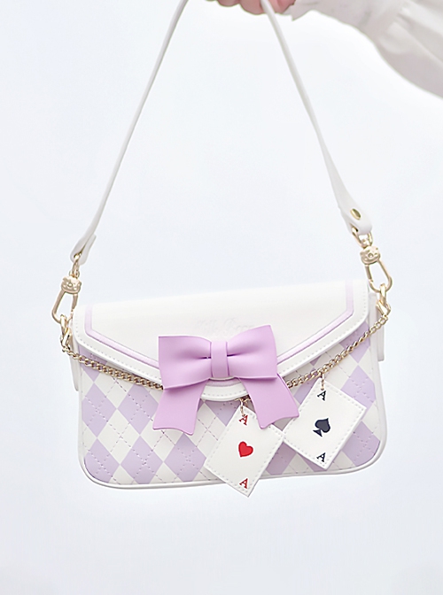 Sweet Lovely Rhombus Print Embroidery Bowknot Metal Chain Playing Card Pendant Classic Lolita Shoulder Crossbody Small Square Bag