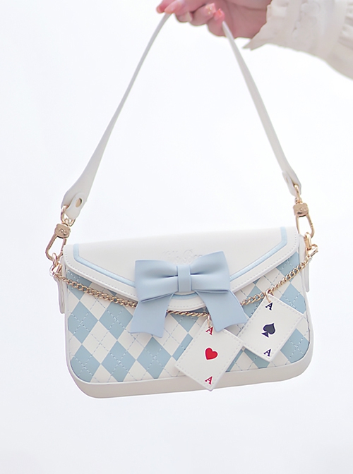 Sweet Lovely Rhombus Print Embroidery Bowknot Metal Chain Playing Card Pendant Classic Lolita Shoulder Crossbody Small Square Bag