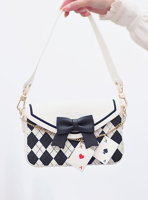 Sweet Lovely Rhombus Print Embroidery Bowknot Metal Chain Playing Card Pendant Classic Lolita Shoulder Crossbody Small Square Bag