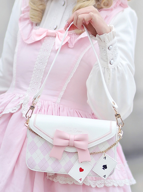 Sweet Lovely Rhombus Print Embroidery Bowknot Metal Chain Playing Card Pendant Classic Lolita Shoulder Crossbody Small Square Bag