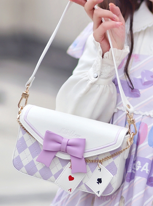 Sweet Lovely Rhombus Print Embroidery Bowknot Metal Chain Playing Card Pendant Classic Lolita Shoulder Crossbody Small Square Bag