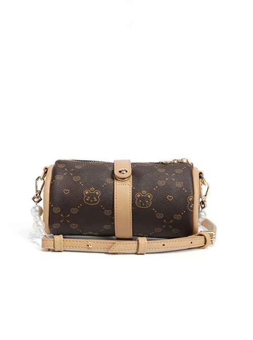 Fresh Little Bear Print Bowknot Decoration Cute Cylindrical Bag Classic Lolita Shoulder Messenger Bag