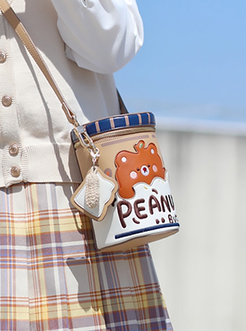 Bear Peanut Butter Embroidered Print Cute Bucket Bag Classic Lolita Handheld Shoulder Messenger Bag