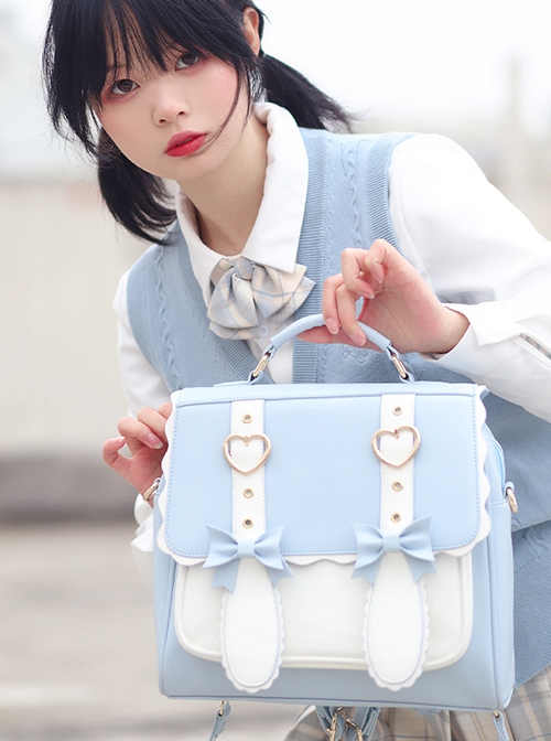 Blue White Two-Color Metal Love Bow-Knot Decoration With Cute Rabbit Ears Sweet Lolita Handheld Backpack Messenger Bag