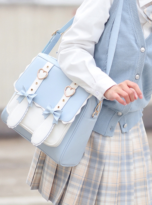 Blue White Two-Color Metal Love Bow-Knot Decoration With Cute Rabbit Ears Sweet Lolita Handheld Backpack Messenger Bag