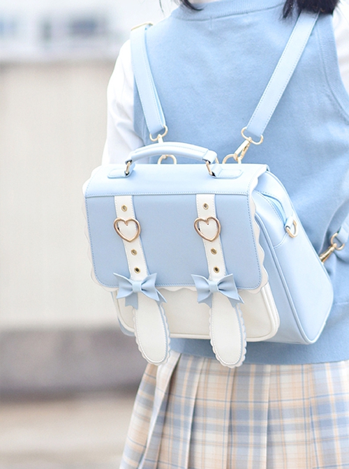 Blue White Two-Color Metal Love Bow-Knot Decoration With Cute Rabbit Ears Sweet Lolita Handheld Backpack Messenger Bag