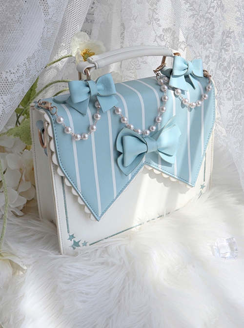 Small Sea Breeze Series Blue-White Striped Bead Chain Star Embroidered JK Uniform Cute Girl Classic Lolita Handheld Shoulder Messenger Bag