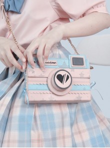 Pink-Blue Two-Color Three-Dimensional Imitation Camera Bag Black Love Embroidery Star Printing Bead Chain Classic Lolita Crossbody Shoulder Bag