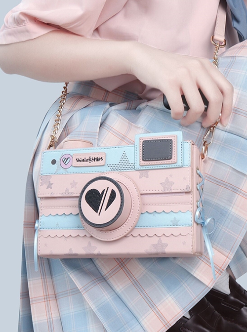 Pink-Blue Two-Color Three-Dimensional Imitation Camera Bag Black Love Embroidery Star Printing Bead Chain Classic Lolita Crossbody Shoulder Bag