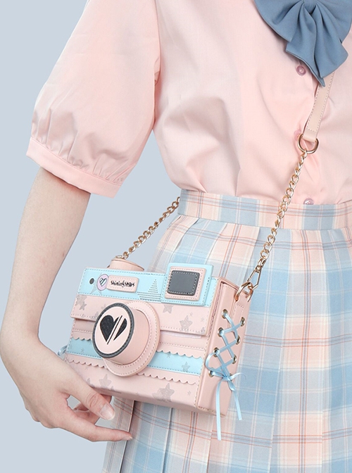 Pink-Blue Two-Color Three-Dimensional Imitation Camera Bag Black Love Embroidery Star Printing Bead Chain Classic Lolita Crossbody Shoulder Bag