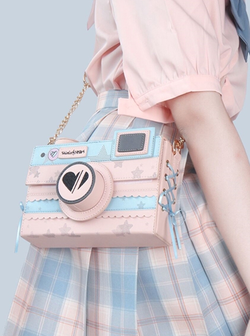 Pink-Blue Two-Color Three-Dimensional Imitation Camera Bag Black Love Embroidery Star Printing Bead Chain Classic Lolita Crossbody Shoulder Bag