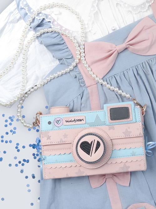 Pink-Blue Two-Color Three-Dimensional Imitation Camera Bag Black Love Embroidery Star Printing Bead Chain Classic Lolita Crossbody Shoulder Bag