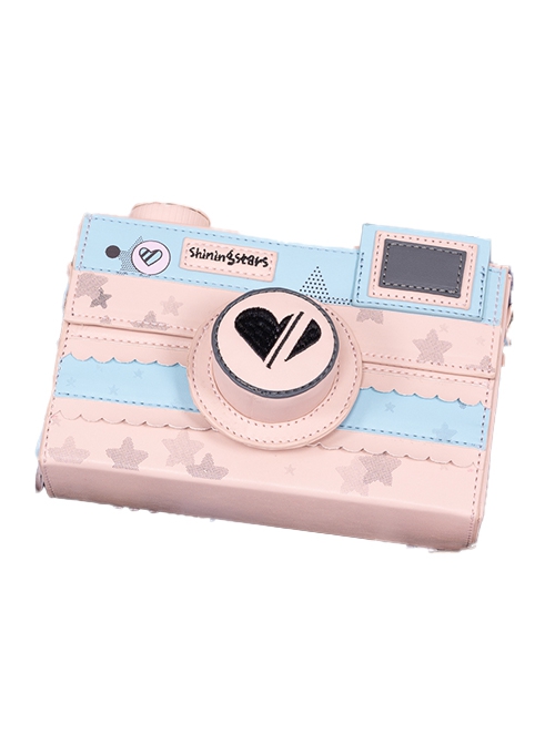 Pink-Blue Two-Color Three-Dimensional Imitation Camera Bag Black Love Embroidery Star Printing Bead Chain Classic Lolita Crossbody Shoulder Bag