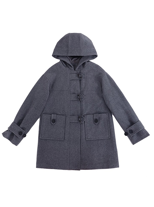 Solid Color Mid-Length College Style Wool Clip Cotton All-Match Winter Warm School Lolita Hooded Long-Sleeved Coat