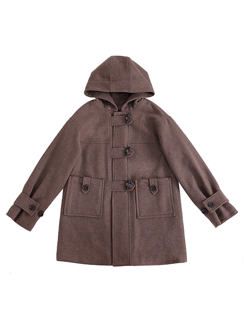 Solid Color Mid-Length College Style Wool Clip Cotton All-Match Winter Warm School Lolita Hooded Long-Sleeved Coat