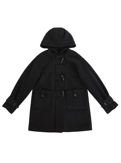 Solid Color Mid-Length College Style Wool Clip Cotton All-Match Winter Warm School Lolita Hooded Long-Sleeved Coat