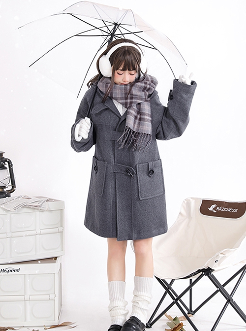 Solid Color Mid-Length College Style Wool Clip Cotton All-Match Winter Warm School Lolita Hooded Long-Sleeved Coat