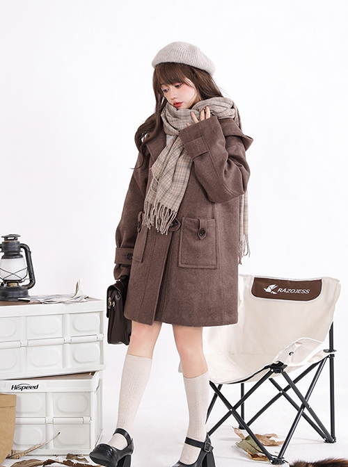 Solid Color Mid-Length College Style Wool Clip Cotton All-Match Winter Warm School Lolita Hooded Long-Sleeved Coat