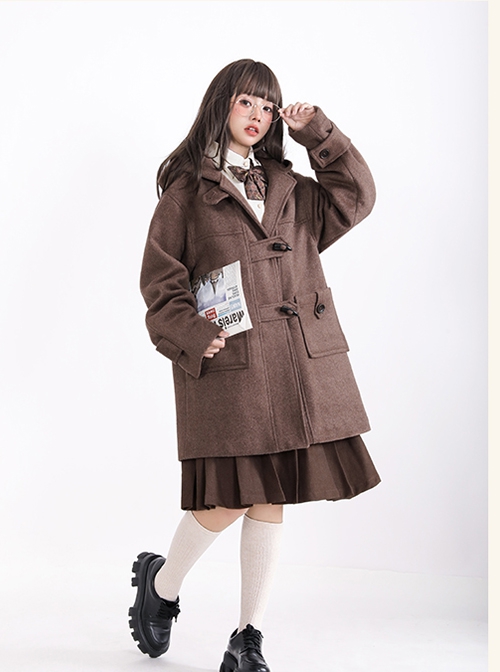 Solid Color Mid-Length College Style Wool Clip Cotton All-Match Winter Warm School Lolita Hooded Long-Sleeved Coat