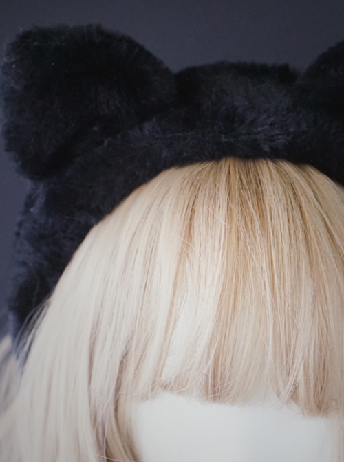 Black Simple Plush Cat Ear Girl Autumn Winter Warm Gothic Lolita Headband