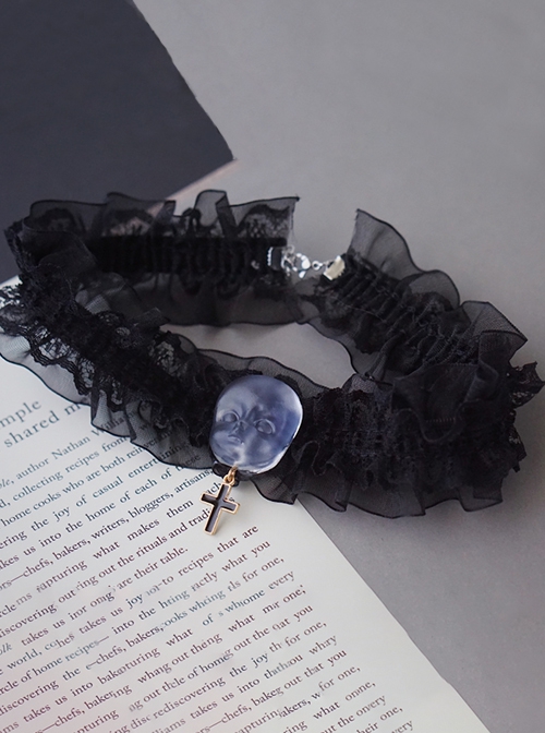 Black Lace Girly Transparent Doll Head Halloween Cross Gothic Lolita Necklace