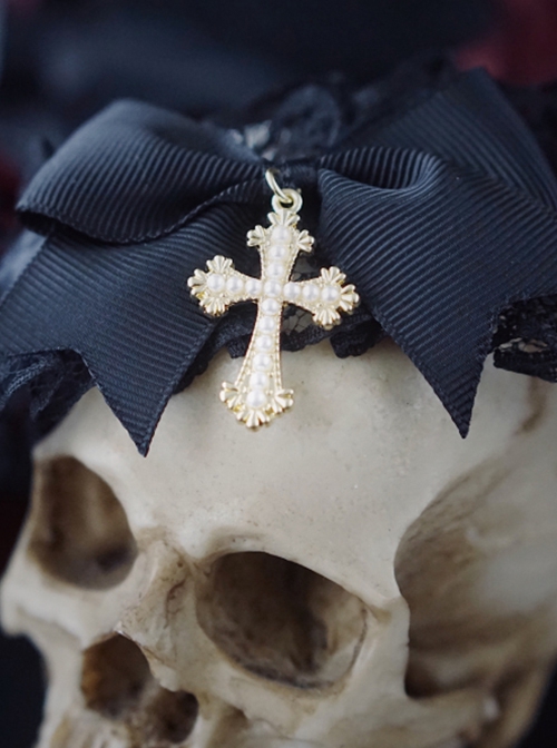 Pearl Decorated Golden Cross Bow-Knot Lace Halloween Gothic Lolita Necklace