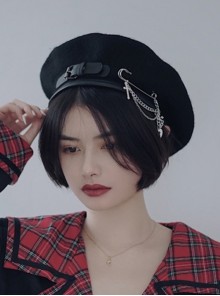 Autumn Winter Warm Handmade Leather Buckle Pin Metal Chain Cool Girl Punk Lolita Beret