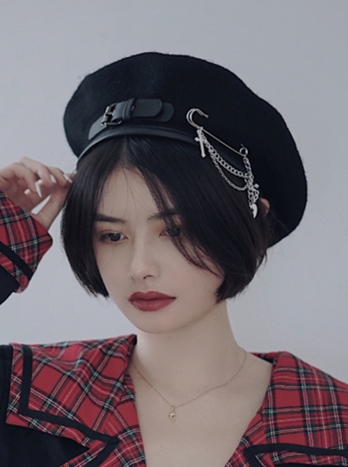 Autumn Winter Warm Handmade Leather Buckle Pin Metal Chain Cool Girl Punk Lolita Beret