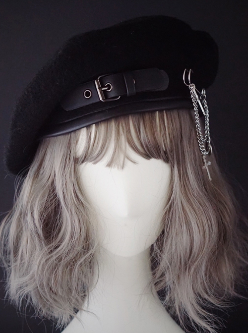 Autumn Winter Warm Handmade Leather Buckle Pin Metal Chain Cool Girl Punk Lolita Beret