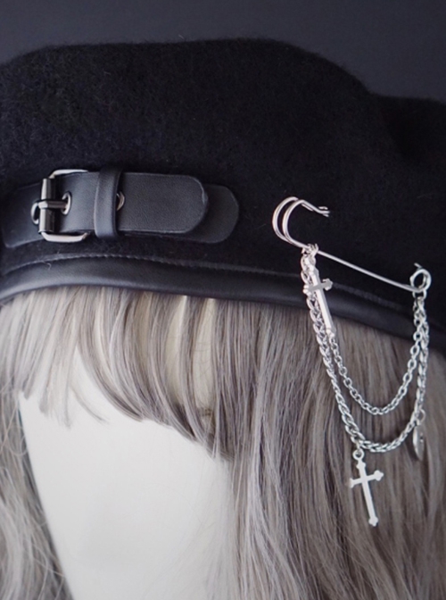 Autumn Winter Warm Handmade Leather Buckle Pin Metal Chain Cool Girl Punk Lolita Beret