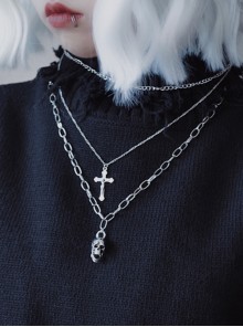 Skull Cross Metal Three Layers Sweater Chain Halloween Punk Lolita Necklace