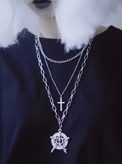 Skull Pentagram Halloween Cross Three Layers Metal Sweater Chain Punk Lolita Necklace