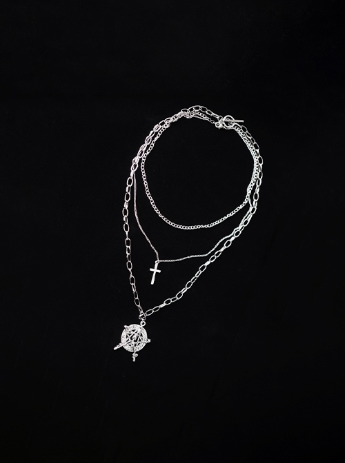 Skull Pentagram Halloween Cross Three Layers Metal Sweater Chain Punk Lolita Necklace