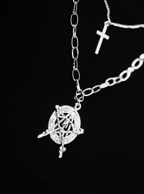 Skull Pentagram Halloween Cross Three Layers Metal Sweater Chain Punk Lolita Necklace