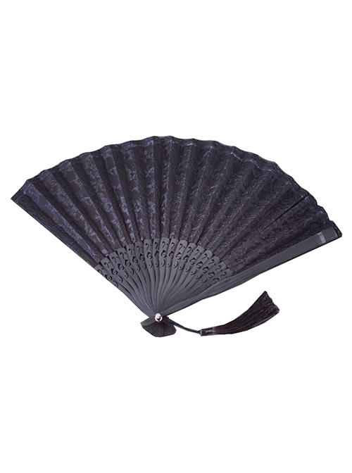 Black Lace Hollow Openable Fan Tassel Decorated Gothic Lolita Fan