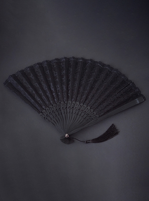 Black Lace Hollow Openable Fan Tassel Decorated Gothic Lolita Fan