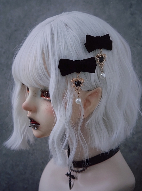 Black Velvet Bow-Knot Pearl Embellished Gothic Lolita Hair Clip