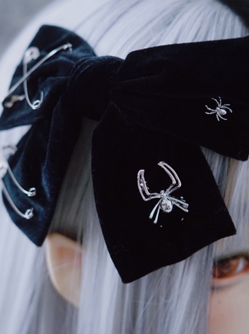 Metal Spider Pin Black Velvet Bow-Knot Halloween Gothic Lolita Hair Clip