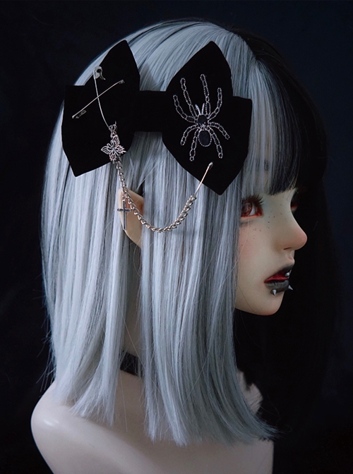 Black Embroidered Spider Butterfly Metal Chain Halloween Gothic Lolita Hair Clip